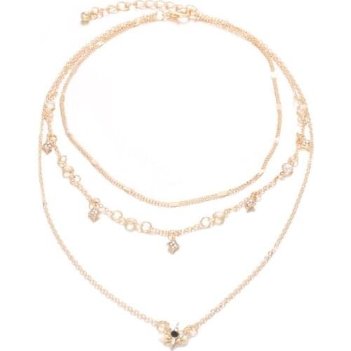 Multi Layer Chain Triple Charm Drop Pendant Gold Color stone Necklace Choker Boho uk