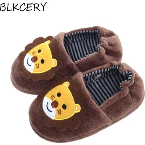 Fashion Toddler Boy Slippers Cartoon Lion Plush Warm Shoe Little Kids Loafers Winter House Shoes Soft Rubber Sole Home Footwear