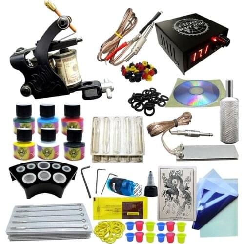 Professional Tattoo Model 6 One Machine Gun Set 6 Color Inks Power Supply Complete Tattoo Kits Permanent Makeup
