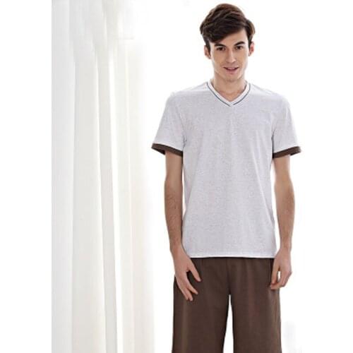 100% cotton summer mens pajamas short sleeve home clothing o-neck strip men night sleepwear mens sleepwear