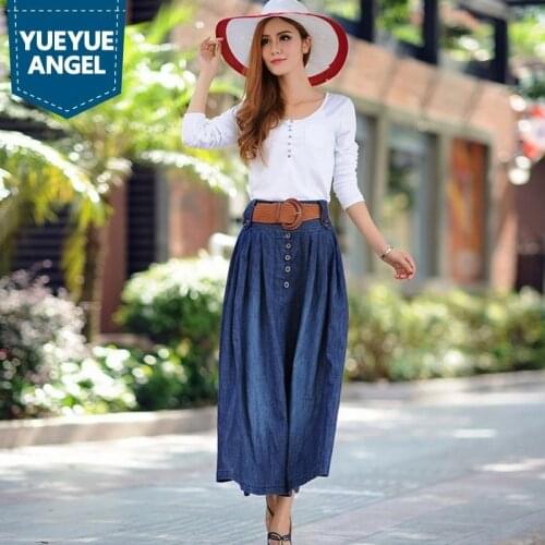 Hot Sale Fashion Ankle Length Skirts Women Sashes Design Autumn Comfort Pleated Denim Falda Loose Fit Saia Plus Size 5XL