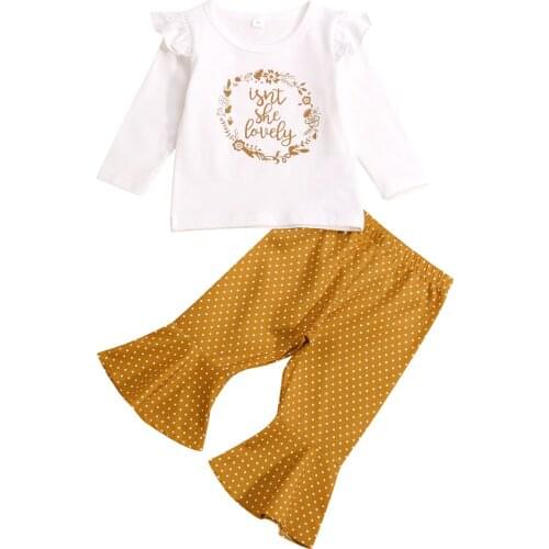 Pudcoco Girl’s T-shirt and Trousers Suit Fashion Letter Long Sleeve Tops and Dot Trumpet Long Pants 6-24M