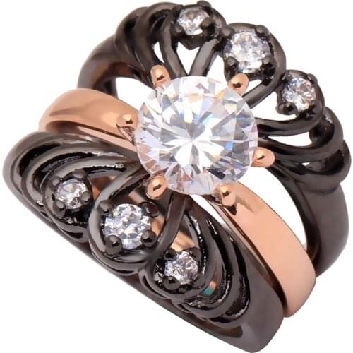 New Fashion Cubic Zirconia Black Crown Wedding Ring Sets 3pcs Design Exquisite Pave Bands Engagement Ring For Women Dropshipping