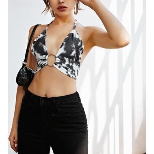 WomenS Sexy Tie-Dye Multicolor Printed Halter Lace-Up Top Stitching Halterneck Vest