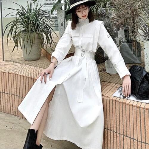 Spring autumn stand collar shirt dress women single breasted slim high waist long dress