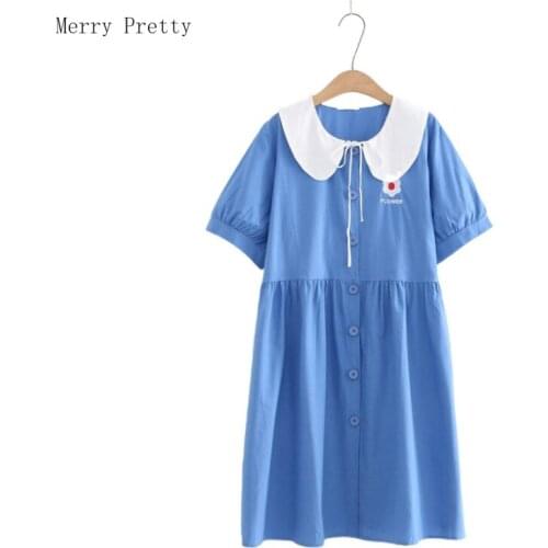 Foral Embroidery Pleated Dresses For Women Peter Pan Collar Short Sleeve Cotton Summer Dress Sweet Style Knee Length Dress