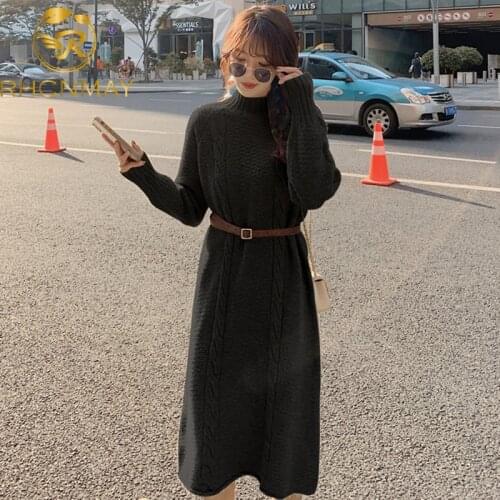 2020 Casual Loose Long Dress High collar Thick Sweater Dress Women Autumn Winter Twisted Knit Dress Female Knitting dress