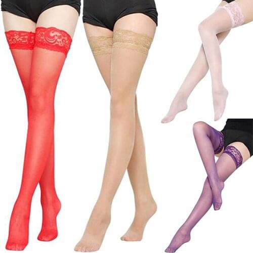 1Pair Women Sheer Sexy Stockings Lace Long Stockings Lady Elastic Top Tights Thigh High Over Knee Non-Slip Socks High Stockings