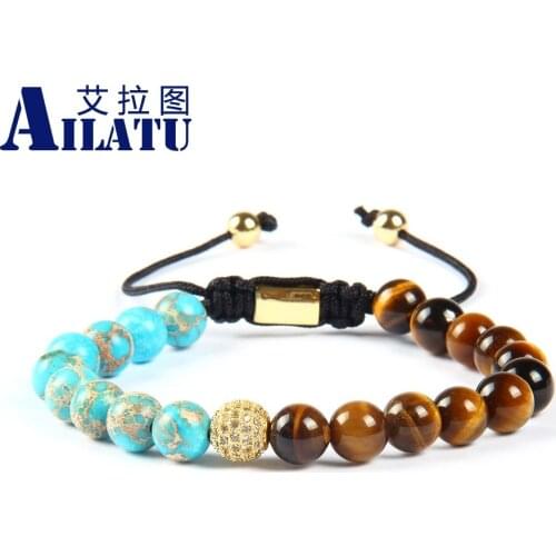 Ailatu Jewelry Wholesale 10pcs/lot 8mm Sea Sediment Stone with A Grade Tiger Eye Beads Clear Cz Lace Up Bracelet