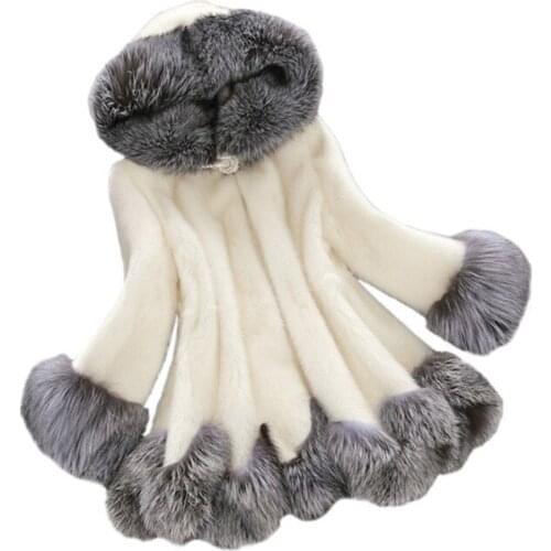 Elegant girl wool coat solid faux fur mink overcoat for 14-22yrs girls kids lady style Winter hooded warm overcoat outerwear