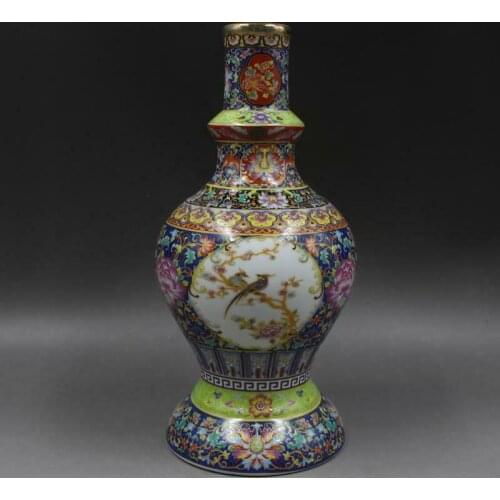 Chinese Enamel Porcelain Qing Yongzheng Gilt Edge Peony Bird Design Vase 11 inch