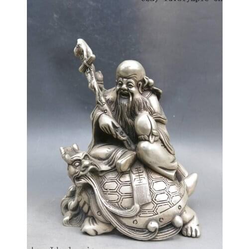 7" China silver carved buddhism longevity buddha Dragon Turtle sculpture Statue