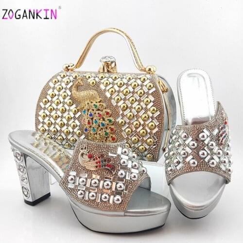 2020 Silver Fashion Rhinestone Woman Shoes And Matching Bag Set Mature Style Pumps Shoes And Bag Set For Party Wedding