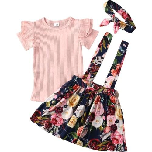 2020 Sweet Summer Kids Baby Girl Clothes Set Pink Short Sleeve T-Shirt Tops+Floral Suspender Skirts 3pcs Outfits Casual Clothing