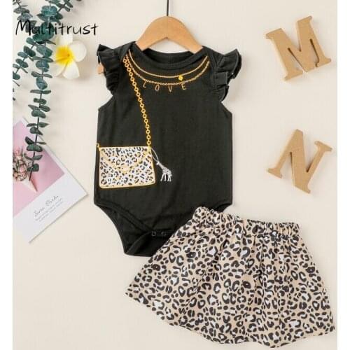 Baby Girl Outfits Two Piece Suit Unique Print Flying Sleeve Bodysuit and Fashion Leopard A-line Skirt 2pcs