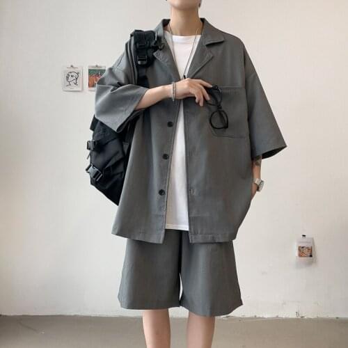 Korean New Mens Set Suit Jacket Shorts Solid Thin Short Sleeve Single Pocket Knee-Length Summer Oversized Clothing Man 150