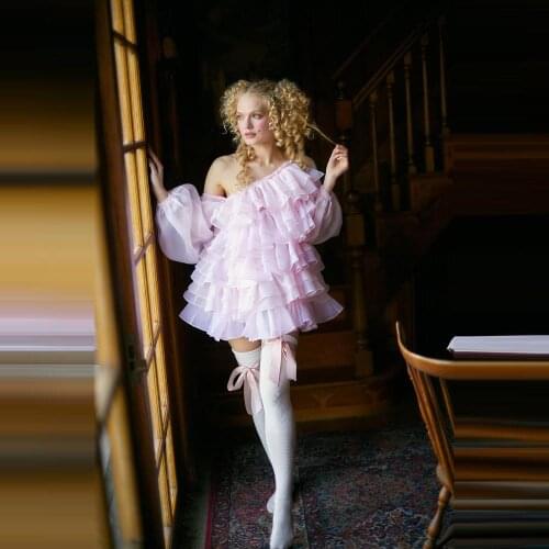 Sweet Pink Ruffles Tiered Tulle Short Dresses For Women One Shoulder Full Sleeves Mini Dress Vestido De Mulher