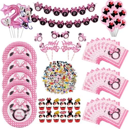 Cartoon Pink Minnie Disposable tableware Napkin Plates Cups balloons Tableware Birthday Party Decorations Baby Shower Supplies