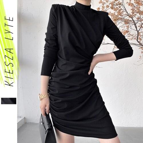 Sexy Womens Drape Dress Bodycon Long Sleeve Solid Black Casual Office Lady Basic Fitting Dresses