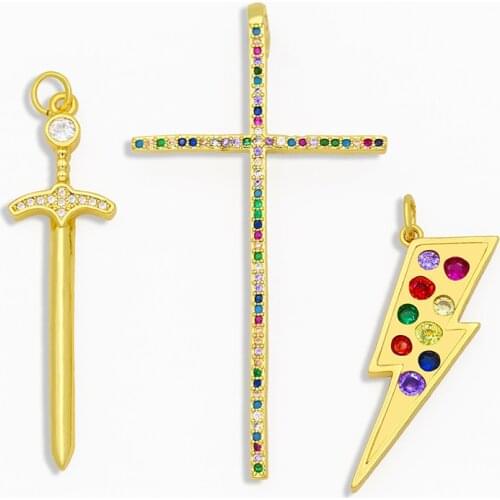 OCESRIO MultiColor CZ Stone Gold Cross Necklace Charms for Jewelry Making Lightning Pendant Charms for Jewelry Wholesale pdta220