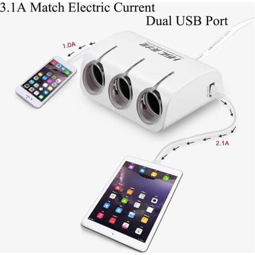 3 Sockets Way Car Auto Cigarette Lighter Splitter Power Adapter Dual 2 USB Car Charger For Iphone For Samsung YC-401A