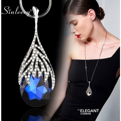 SINLEERY Fashion Waterdrop Shaped Big Pendant Necklace With Blue Cubic Zirconia Jewelry For Women Clothes Accessories MY117 SSO