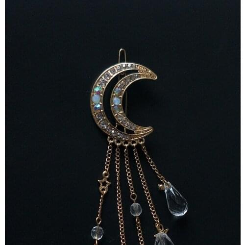Fashion Woman Hair Accessories Moon Tassel Crystal Hair Clip Crescent Moon Fringe Hair Clip Headwear
