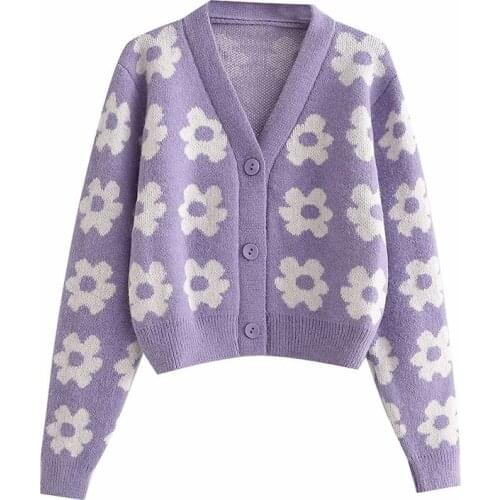 Evfer Girls Cute Flower Print Knitted V-Neck Cardigans Outwear Womens Spring Autumn Fashion Long Sleeve Short Purple Sweaters