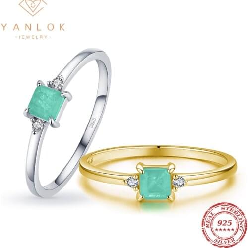 YANLOK Genuine 925 Sterling Silver Elegant Paraiba Tourmaline Finger Rings For Women Fashion Fine Jewelry Accessories Anel