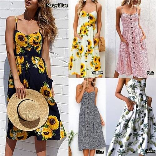 Women Summer Flower Dress Sexy Spaghetti Strap Floral Printed Sundress Fashion Backless Pocket Sunflower Plus Size Beach Dress