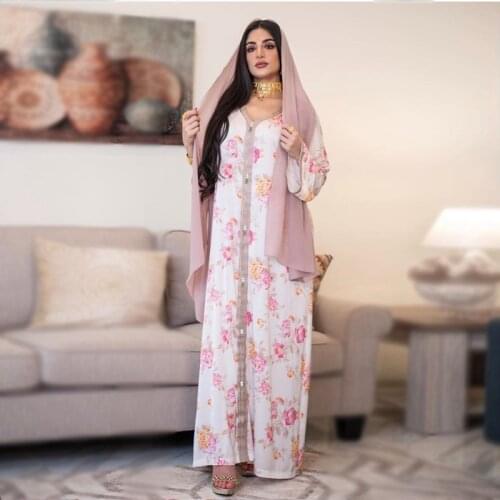 2021Pink Floral Dress for Women Print Jalabiya Dubai Oman Arabic Muslim V Neck Long Sleeve Islamic Clothing