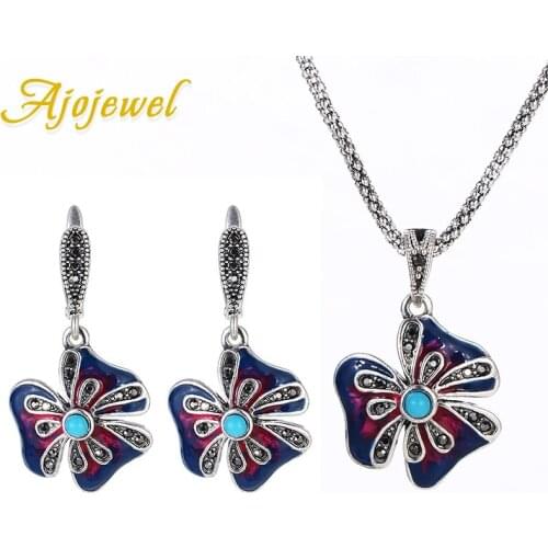 Ajojewel Ethinc Colorful Flower Jewelry Sets With Blue Stone Luxury Vintage Earrings Necklace Temperament Jewelry Fashion Gift