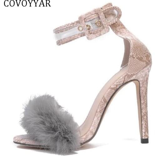 COVOYYAR 2021 Rabbit Fur Women High Heels Snake Print Ankle Buckle Pumps Lady Thin Stiletto Spring Party Shoes Women WHH127