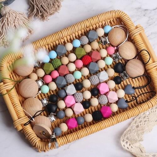 Neutral color baby Pacifier Clip Holder with beech Elephant Shaped Pendant Dummy holder Crochet beads baby gift NT132