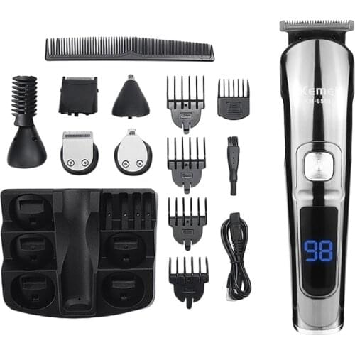Kemei Rechargeable Hair Trimmer Professional 6 In 1 Electric Hair Clipper Carbon Steel Blade Waterproof Haircut Shaving Machine