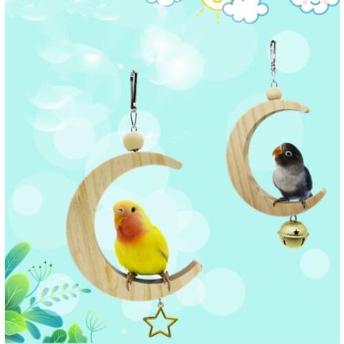 Parrot Swing Perch Stand Toy Moon Shape Hanging Hammock Bell Pet Cage Bird Wooden Training Claw Feet Grinding Stick