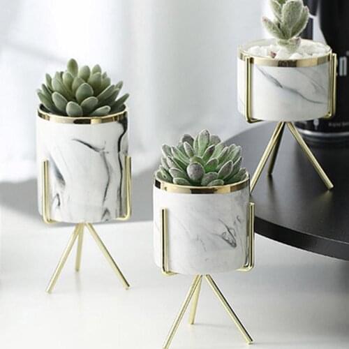 Home Fashion Style Ceramic Flower Pot Planter Gold Iron Frame Flower Plant Holder Succulent Pot Office Desktop Ornament