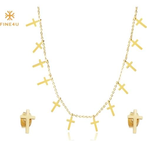 FINE4U N132 Stainless Steel Bridal Wedding Jewelry Sets Gold Color Cross Pendants Necklaces Earrings Sets For Women Girl Gifts