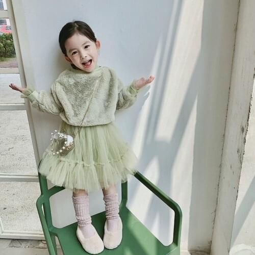 Girl Clothing Sets Winter Fashion Two Piece Princess Outfit Long Sleeve Fur Thicken Sweatshirt+Mesh Patchwork Dress Kids Clothes