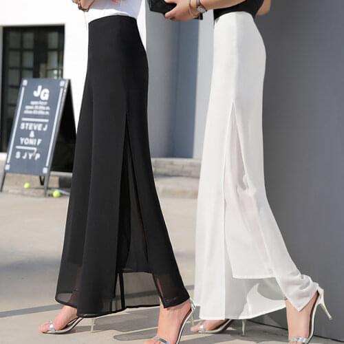 Summer Solid Wide Leg Pants Skirt Casual Vintage High Waist Chiffon Side Split Loose Bohemian Plus Size Trousers Women Y961