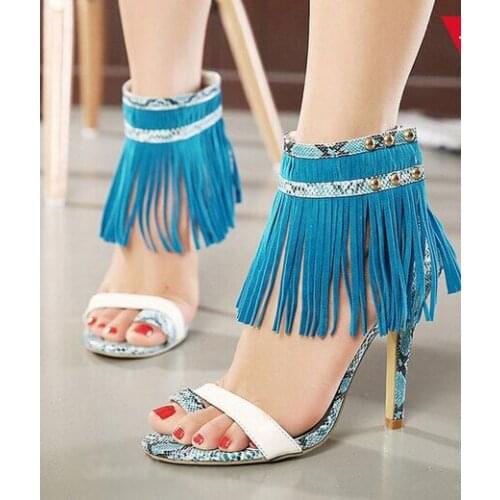 Summer style sexy woman shoes woman fashionable snakeskin high heeled sandals blue pink ankle tassels design stylish party