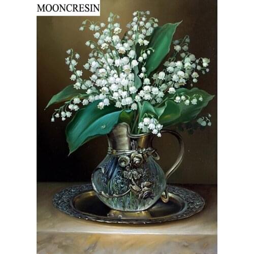 MOONCRESIN Full Diamond Embroidery Cross Stitch 5D Diy Diamond Painting Flowers White Mosaic Pictures of Rhinestones Home Decor