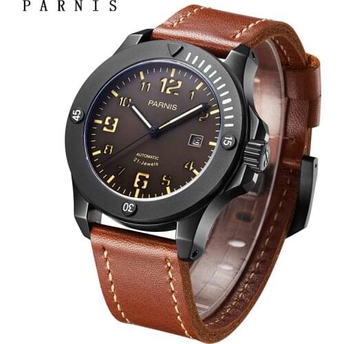 Parnis 44mm Mechanical Mens Watches 100m Waterproof Luminous Automatic Movement Luxury Sapphire Crystal Calendar Men Watch