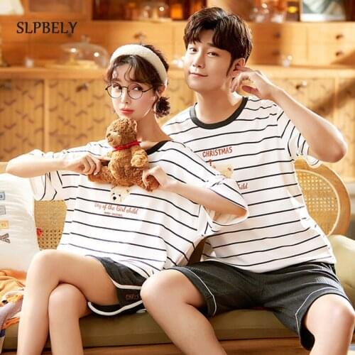 SLPBELY 100% Cotton Couple Pajamas Set Homesuit Summer Cartoon Striped Lover Pajamas Men And Women Pyjamas Pijamas Nightwear New