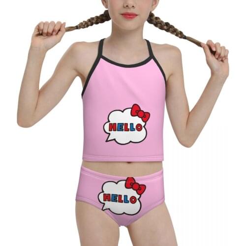 Kawaii Anime Beach Wear for Children young Girls Print Hello Cat Biquini 2021 Wholesale Brand Girl Swimming Suit