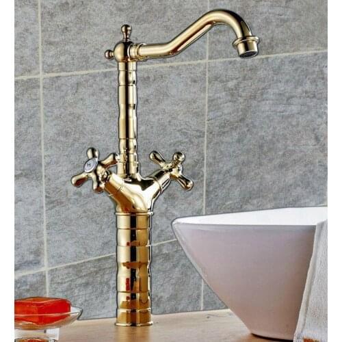 Gold Polished Brass Double Cross Handles Swivel Spout Kitchen Sink Faucet Cold & Hot Mixer Tap asf094