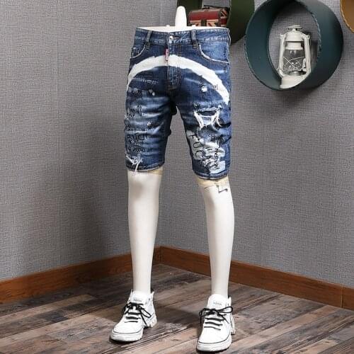Summer New Mens Letter Printed Ripped Short Jeans Men Fashion Casual Slim Fit High Quality Cotton Stretch Denim Shorts