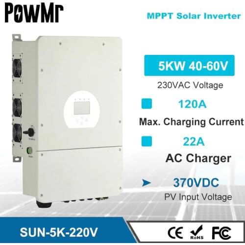 PowMr 5KW On-Off Grid Solar Hybrid Inverter PV Input 370V Build-in 2 Strings of MPPT Solar Controller With Smart Load Function