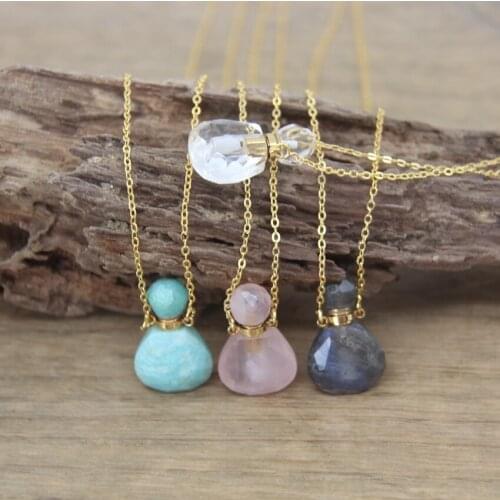 Golden Chains Drop Shape Labradorite Mini Perfume Bottle Pendants Amazonite Essential Oil Vial Charms Necklace Jewelry QC1004