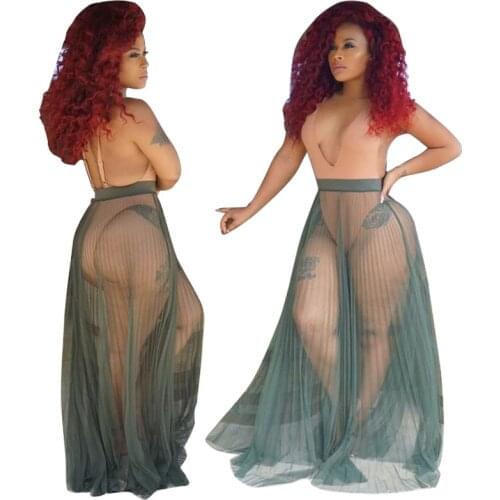 Women High Waist Mesh Skirts Empire See Through Sheer Side Split Skirt Solid Transparent Chiffon Maxi Long Skirt Summer 2021